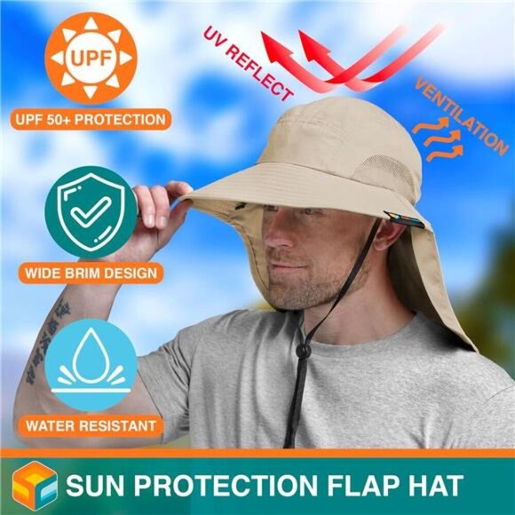 Wide Brim Sun Hat with Neck Flap, UPF50+ Hiking Safari Fishing Hat for Men Women - Picture 3 of 7